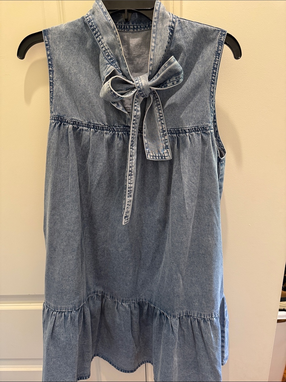 Light Blue Denim Bow-Front Sleeveless Dress